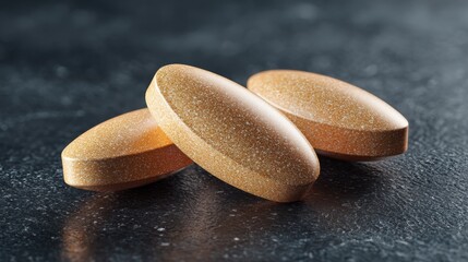 Close-up of three vitamin c tablets on a dark surface