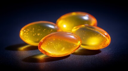 Close-up of shiny amber gel capsules on smooth surface with reflective lighting