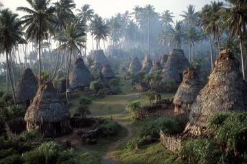 Traditional village in tropical forest with thatch huts and palm trees