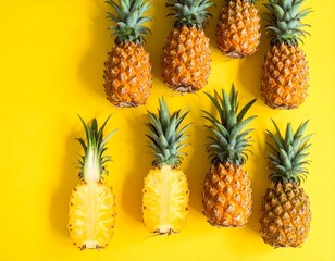 Seven Fresh Pineapples Arranged Diagonally on a Vibrant Yellow Background