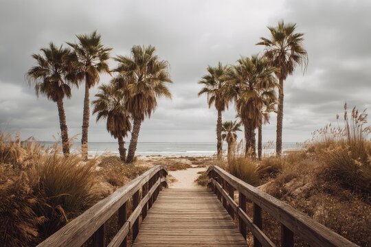 A wooden bridge leads to a sandy beach with palm trees under a moody, overcast sky - Powered by Adobe