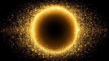 Golden glittering circle with sparkling particles on black background for creative projects, luxury design, or festive decorations; ideal for celebrations