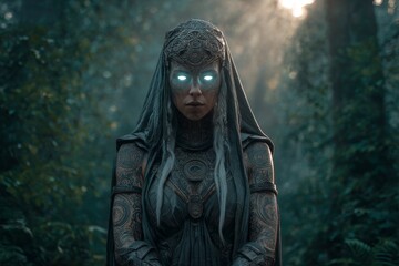 Mystical forest sorceress with glowing eyes in ancient woodland