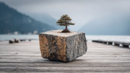 Solitary bonsai on stone plinth by serene lake