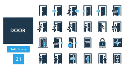 Collection of Door Icons in Various States and Actions, Representing Entry, Exit, and Security Concepts