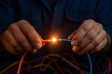 Electrician's hands bringing together two stripped electrical wires, creating a bright electric spark with a burst of light
