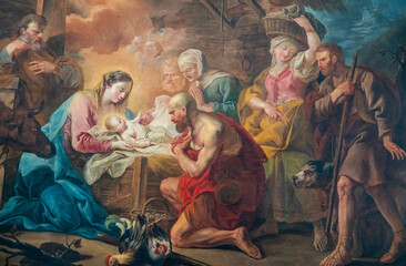 Painting (19th century) of Christmas Nativity Scene with Virgin Mary, Saint Joseph, and Jesus baby.