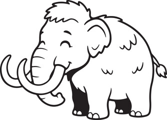 Fototapeta premium Cartoon woolly mammoth smiling illustration with large tusks, happy prehistoric animal character design isolated vector artwork.