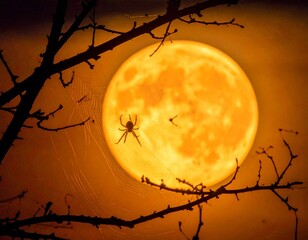 Creepy Spider Silhouette on an Orange Full Moon Background - Spooky Halloween Night Sky