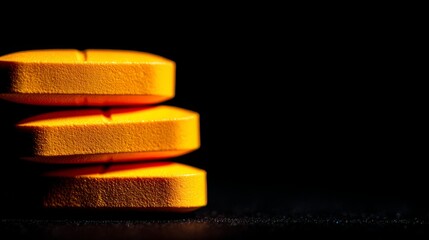 Close-up of stacked vitamin c tablets on black background