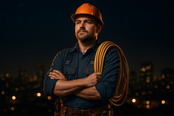 Skilled male electrician in a hard hat and overalls, holding an electrical cable with folded arms against a city night sky