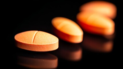Close-up of orange tablets on a black reflective surface