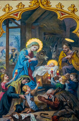 Fresco (1912) of Christmas Nativity Scene with Virgin Mary, Saint Joseph, and Jesus baby.