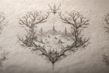 Intricate pencil drawing of a fantasy landscape with mountains and trees