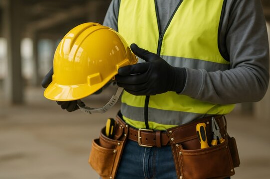Construction worker inspecting safety helmet and tools, preparing for work on site. Showing safety and protection