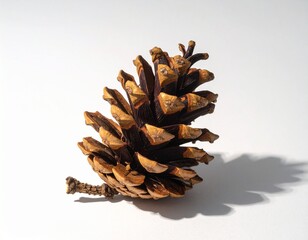Single Natural Brown Pine Cone Isolated on White Background - Close-up Macro Photo