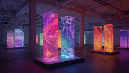 Illuminated, abstract, colorful pillars installed inside a gallery space with dim lighting