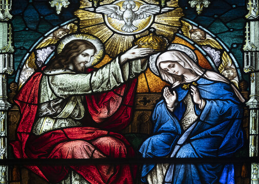 Stained glass (19th century) of Coronation of the Virgin Mary.