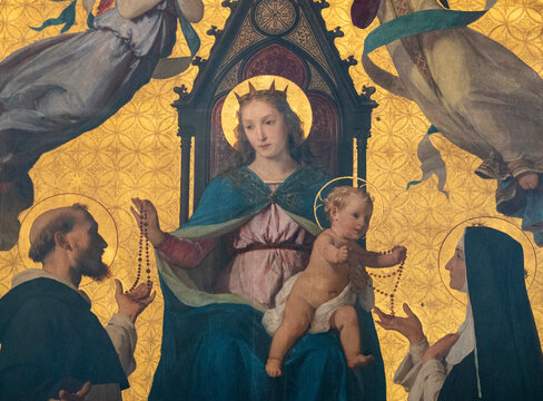 Painting (15th century) of the Virgin Mary and baby Jesus handing the rosary to St. Catherine of Siena and St.Dominic.