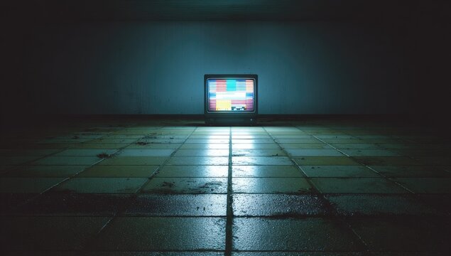A derelict space has a vintage TV emitting static, illuminated by dim, blue light