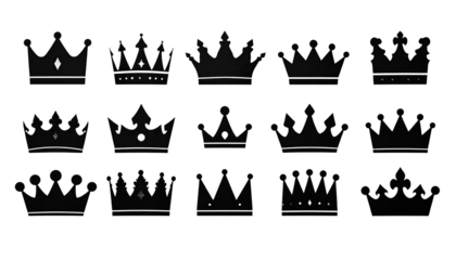 Collection of stylized dark gray crowns on a black background