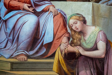 Painting (19th century) of Saint Mary Magdalene washing the feet of Jesus Christ with perfume and her hair.
