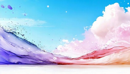 Abstract, fluid waves of purple, pink, and orange watercolor paint splash and swirl against a bright blue sky with fluffy white and pink clouds. Small droplets