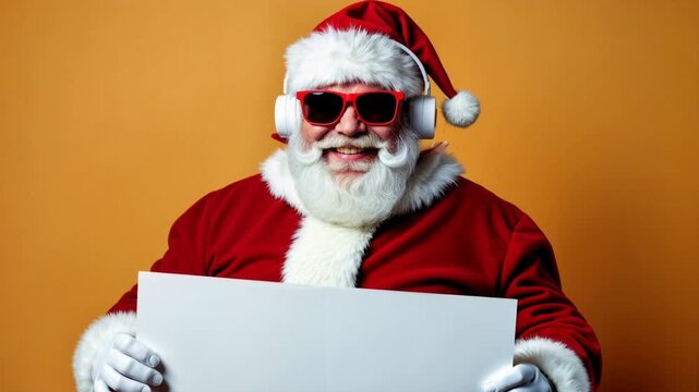 Cool Santa Claus wearing sunglasses and headphones holding blank white sign against orange background. Modern Christmas character with empty board for text space in festive holiday marketing template.