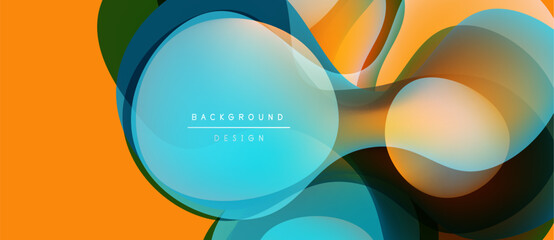 Abstract fluid shapes overlap, creating vibrant color gradients. Orange, blue, green hues dominate composition. Modern design element.