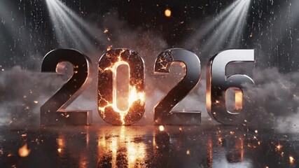 A dynamic and energetic animation prominently features the numbers "2025" crafted from reflective metallic materials, with the '0' glowing intensely from within, suggesting raw power or heat. The scen