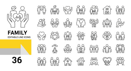 Family and Relationship Icons Editable Line Vector Set