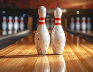Three Bowling Pins Ready to Strike on a Polished Wooden Lane with Bright Lens Flare
