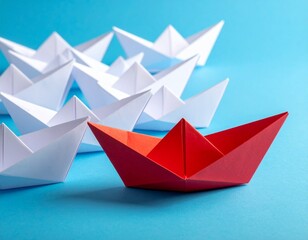 Red Paper Boat Leading a Fleet of White Boats - Leadership, Uniqueness, and Differentiation Concept