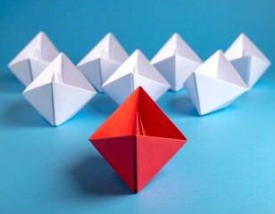 Red Paper Boat Leading a Fleet of White Boats - Leadership, Uniqueness, and Differentiation Concept