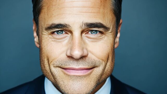 Confident businessman expresses progression from subtle smirk to genuine smile in closeup