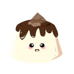 Adorable illustration of a pudding dessert with a kawaii face, chocolate topping and chocolate bar. Perfect for food-related content!