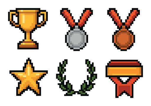 Pixel art trophies and medals: gold, silver, bronze, star, laurel wreath