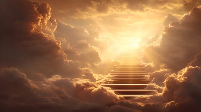 A divine stairway leading up through the clouds to a heavenly golden light.