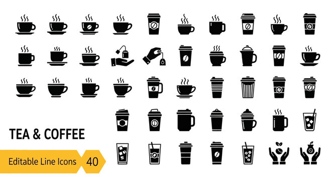 Modern Tea and Coffee Line Icon Set Editable Vector Symbols for Beverage Menus and Hot Drink Concepts