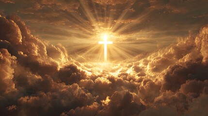 A divine glowing cross shines with golden light in a dramatic heavenly sky filled with clouds.