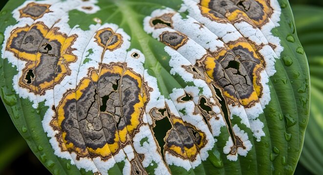 Severe fungal leaf spot disease on green Hosta plant close up macro texture