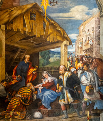 Painting (19th century) of Christmas Nativity Scene : Adoration of the Magi as they present gifts of gold, frankincense and myrrh to the Infant Jesus.