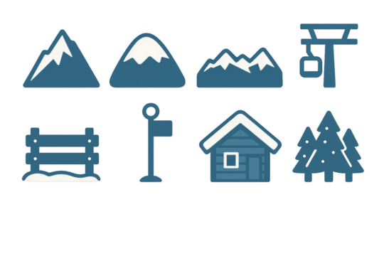 Scenic mountain landscape with cabins, ski lift, and winter trees during snowy weather