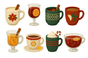 Warm drinks displayed in colorful mugs, perfect for cozy gatherings during the holiday season