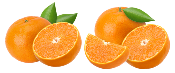 Orange fruit with leaves (mandarin oranges), halves and pieces isolated, transparent PNG, PNG format, Oranges with juicy flesh, Collection, set
