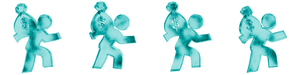 Set of four 3D debt shapes in frosted blue ice glass style, isolated on a transparent background. Glassmorphism icons and 3D elements for modern graphic design.