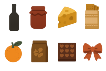 Variety of food items arranged in a simple, colorful layout on a flat surface