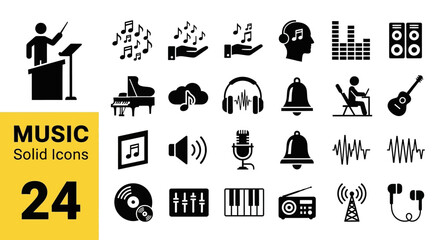 A comprehensive collection of sleek solid music and audio vector icons, perfect for modern digital design projects and user interfaces