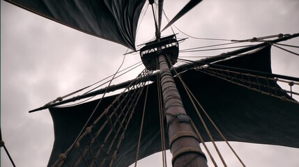 Low angle view of sailing ship mast and sails against cloudy sky