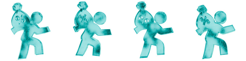 Set of four 3D debt loan shapes in frosted blue ice glass style, isolated on a transparent background. Glassmorphism icons and 3D elements for modern graphic design.